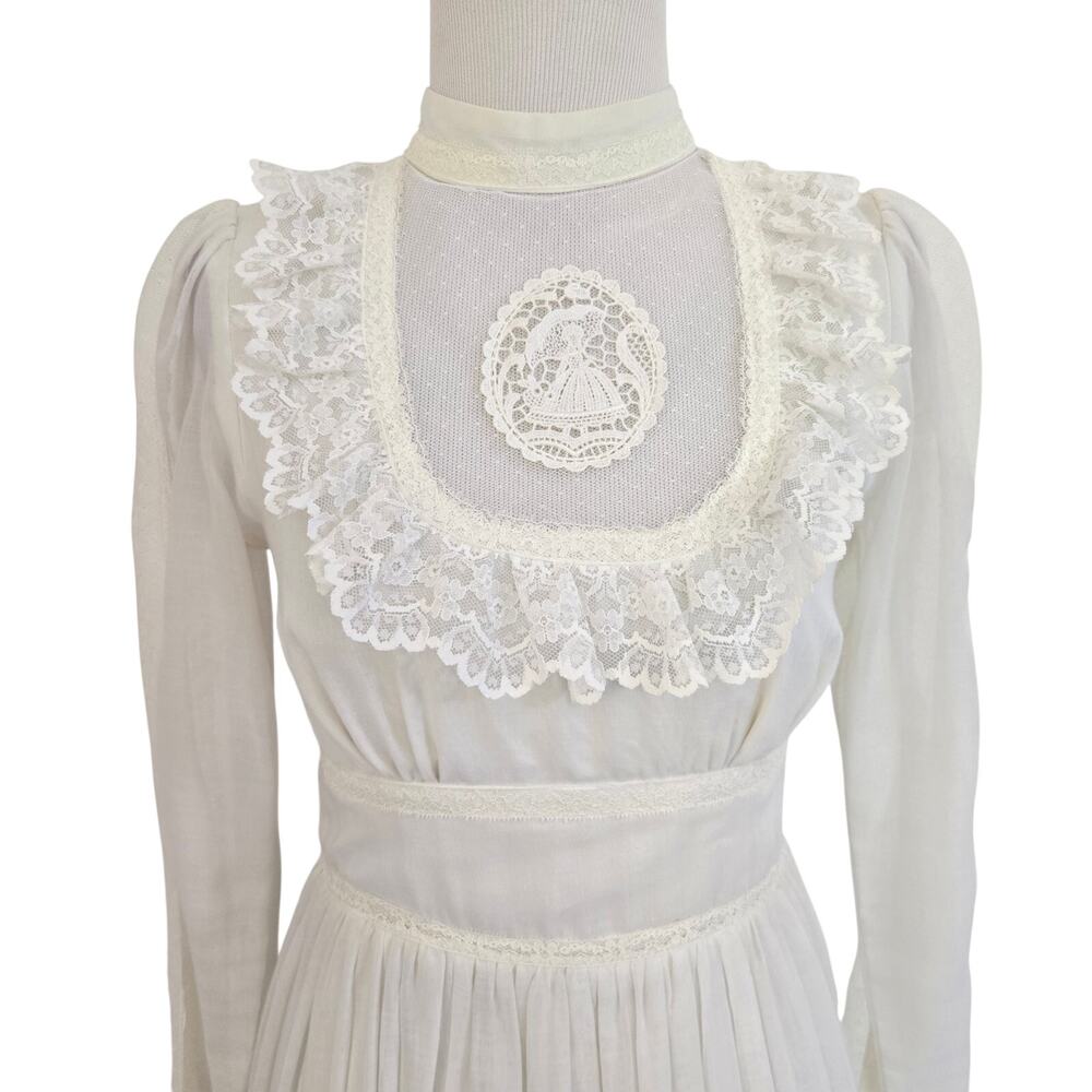 Vintage 70s Gunne Sax White Lace Prairie Dress Rare Embroidery Bridal Womens XXS